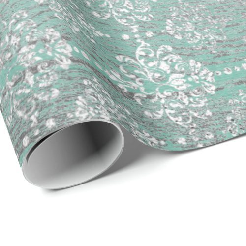 Mint Green Metallic Damask Silver Gray Wood Rustic Wrapping Paper