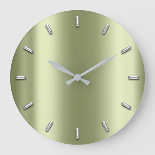 Mint Green Metallic Peas Minimal Silver Gray Large Clock