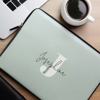Mint Green Modern Minimalist Monogrammed Laptop Sleeve