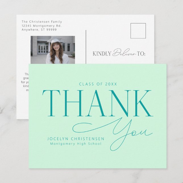 Mint Green Modern Photo Graduation Thank You Postcard (Front/Back)