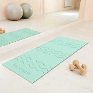 Mint Green Modern Wavy Lines With Custom Name Yoga Mat