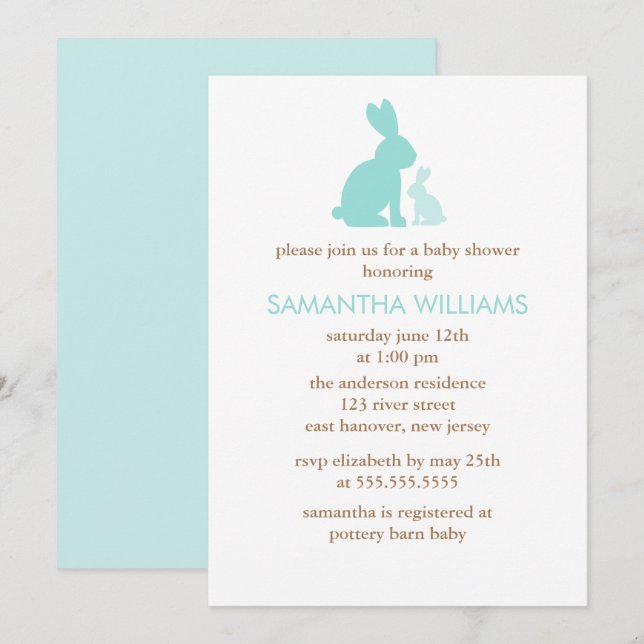Mint Green Mom and Baby Rabbit Baby Shower Invitation (Front/Back)