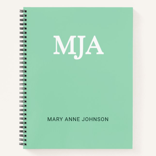 Mint Green Monogram 3 three letter Initials Modern Notebook (Front)