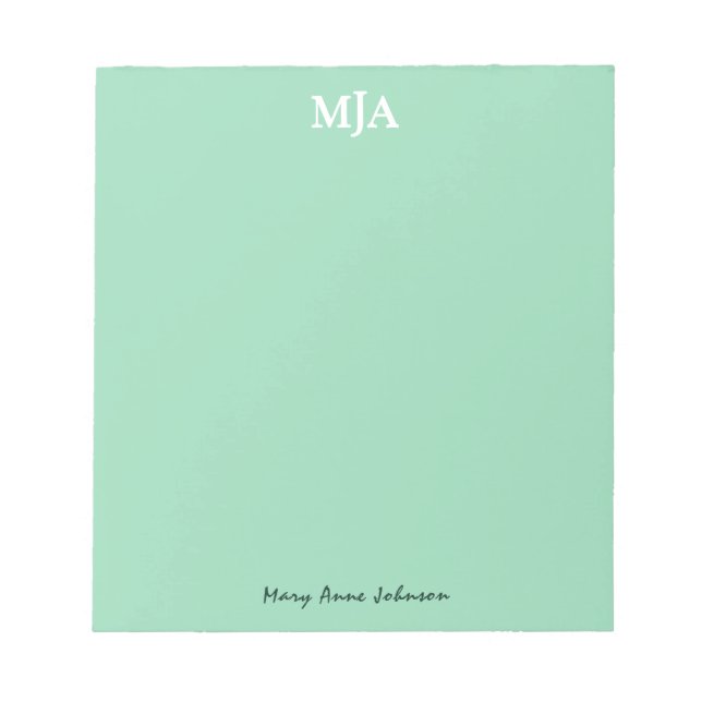 Mint Green Monogram 3 three letter Initials Modern Notepad (Front)