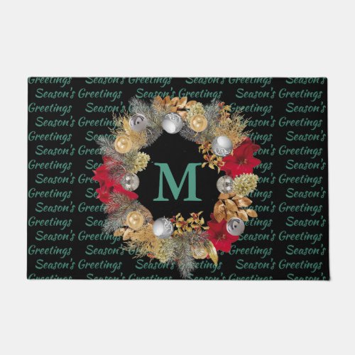 Mint Green MONOGRAM Christmas Wreath Doormat