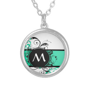 Mint green monogram damask silver plated necklace