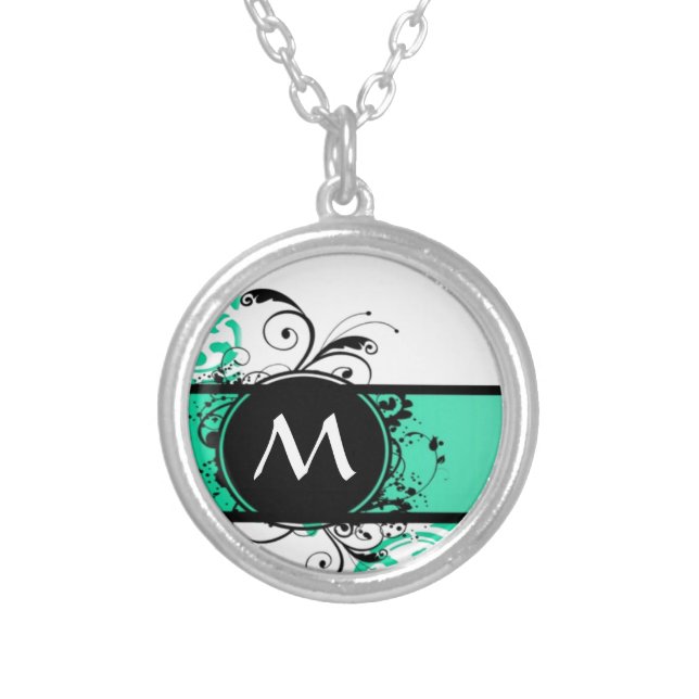 Mint green monogram damask silver plated necklace (Front)