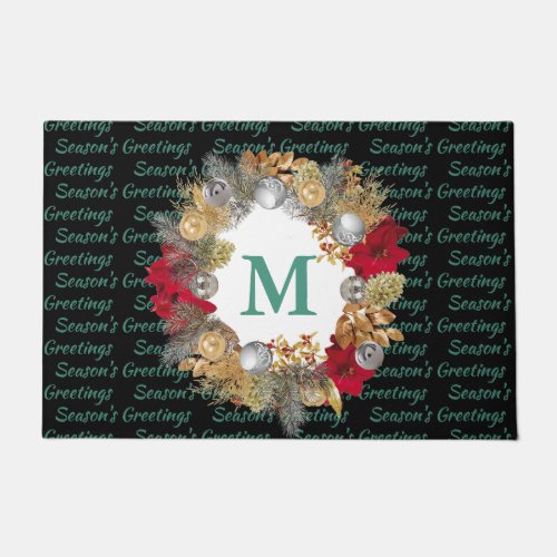 Mint Green MONOGRAM Decorative Christmas Wreath Doormat