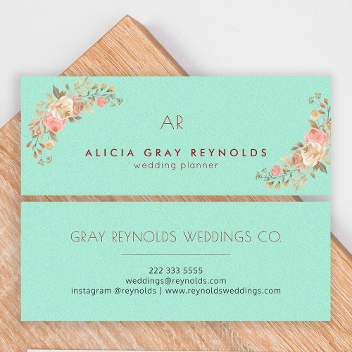 Mint Green Monogram Elegant Floral Wedding Planner Mini Business Card