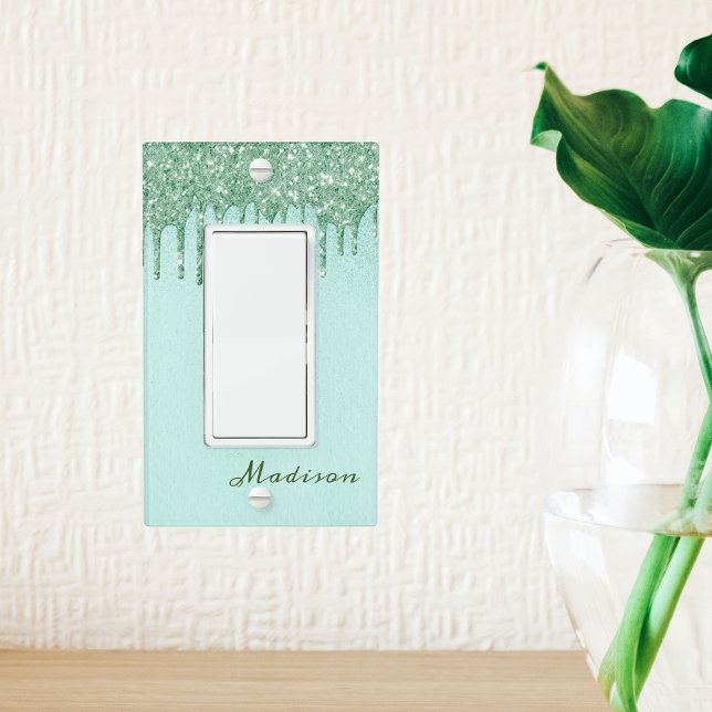 Mint Green Monogram Glitter Drips Pretty Girly Light Switch Cover (Creator Uploaded)