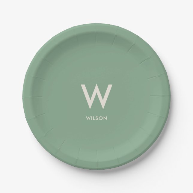 Mint Green Monogram Personal Party Paper Plates (Front)