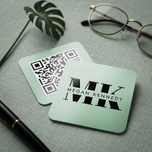 Mint Green Monogram QR Code Raised Spot UV Business Card
