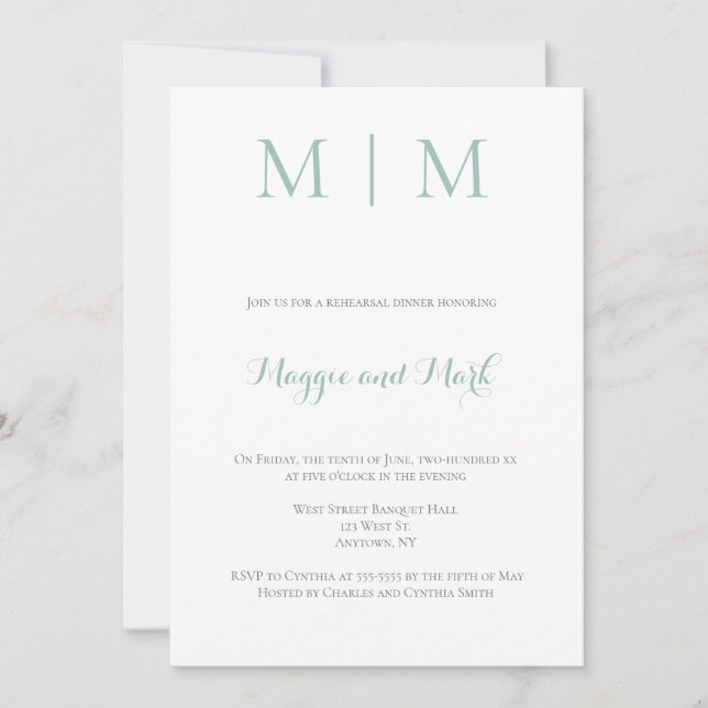Mint green monogram rehearsal dinner invitations (Front)
