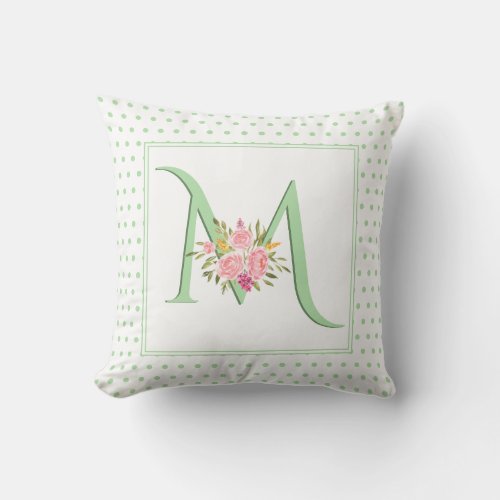 Mint green monogram roses and polka dots throw pillow