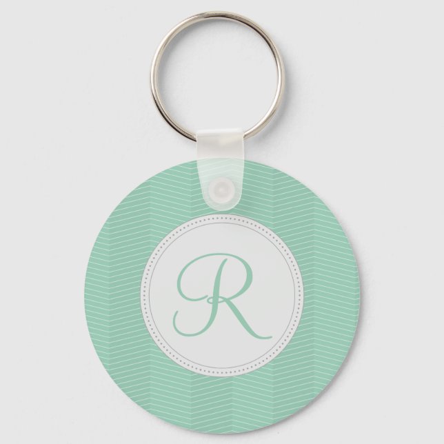 Mint Green Monogram Thin Chevron Pattern Keychain (Front)