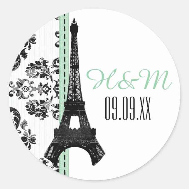 MINT GREEN Monogrammed Damask Eiffel Tower Wedding Classic Round Sticker (Front)