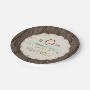 Mint Green Monogrammed Horseshoe Heart Wedding Paper Plates