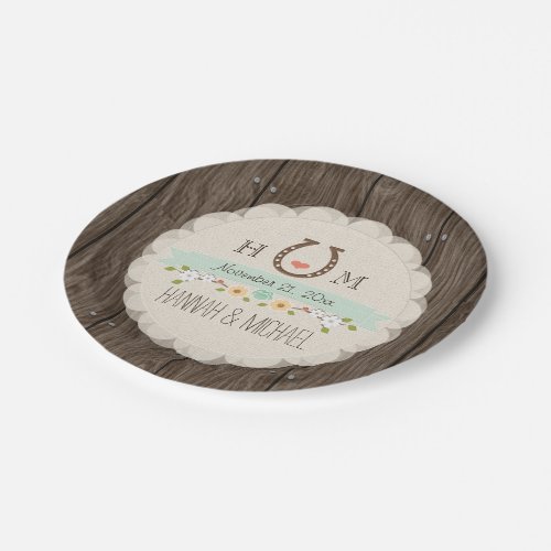 Mint Green Monogrammed Horseshoe Heart Wedding Paper Plates