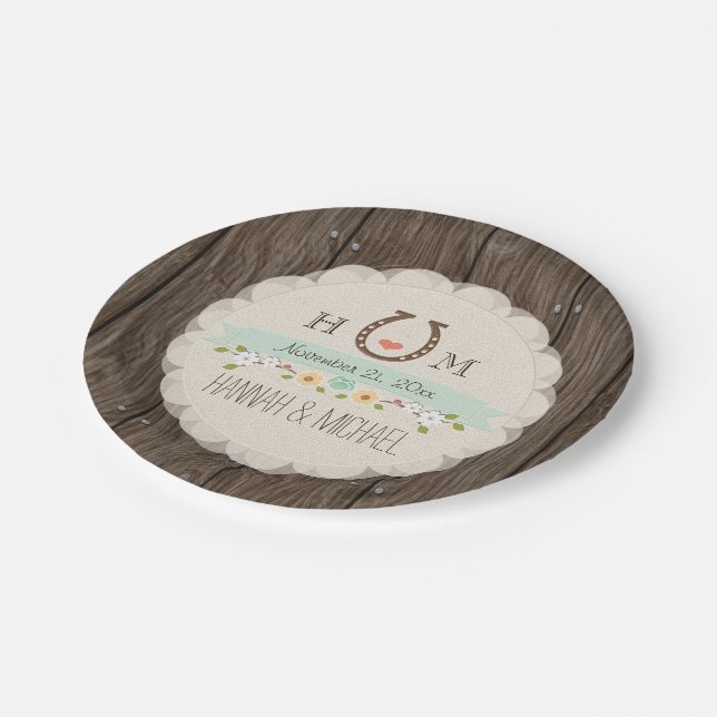 Mint Green Monogrammed Horseshoe Heart Wedding Paper Plates (Angled)