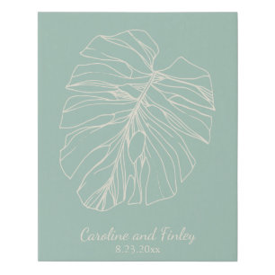 Mint Green Monstera Leaf Line Drawing Personalized Faux Canvas Print