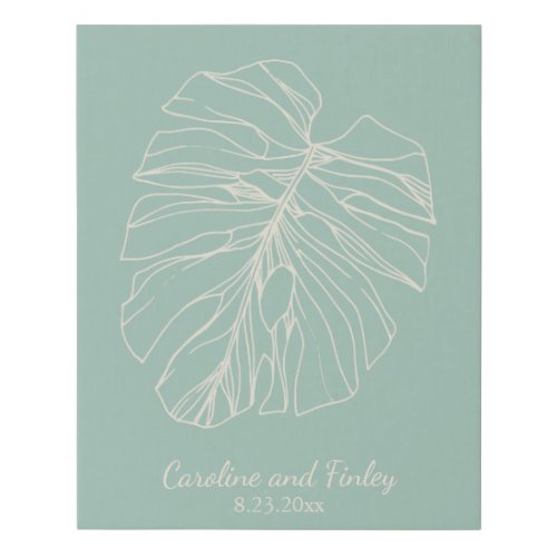 Mint Green Monstera Leaf Line Drawing Personalized Faux Canvas Print