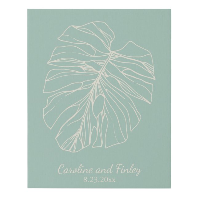 Mint Green Monstera Leaf Line Drawing Personalized Faux Canvas Print (Front)