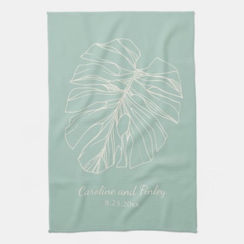 Mint Green Monstera Leaf Line Drawing Personalized Kitchen Towel