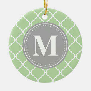 Mint Green Moroccan Lattice Grey Monogram Ceramic Ornament