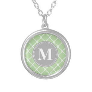 Mint Green Moroccan Lattice Grey Monogram Silver Plated Necklace