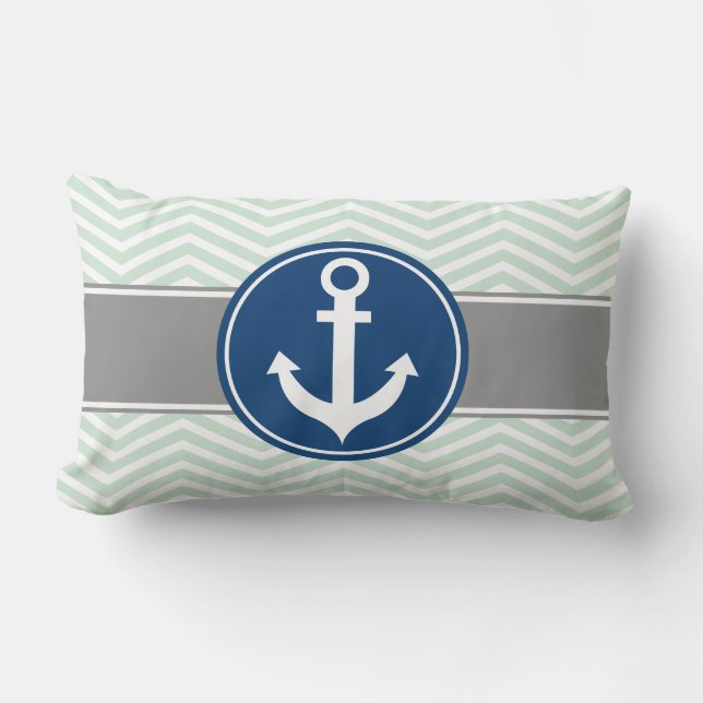 Mint Green Nautical Anchor Chevron Lumbar Pillow (Front)