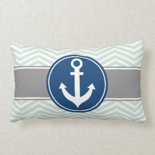 Mint Green Nautical Anchor Chevron Lumbar Pillow