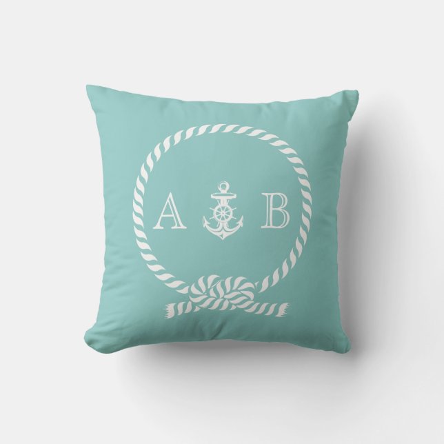 Mint Green Nautical Rope and Anchor Monogram Throw Pillow (Front)