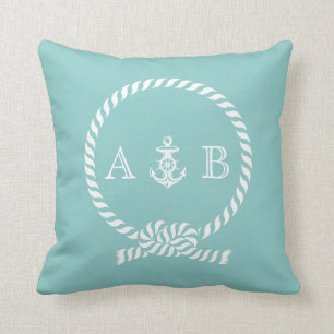 Mint Green Nautical Rope and Anchor Monogram Throw Pillow