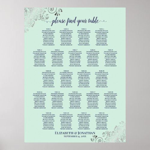 Mint Green  Navy 22 Table Wedding Seating Chart