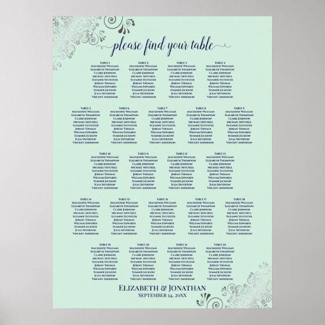 Mint Green & Navy 22 Table Wedding Seating Chart (Front)