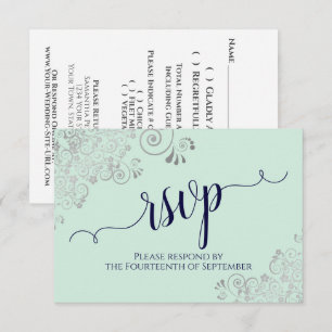 Mint Green & Navy Blue Elegant Calligraphy Wedding RSVP Card