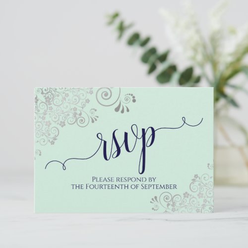 Mint Green  Navy Blue Elegant Calligraphy Wedding RSVP Card
