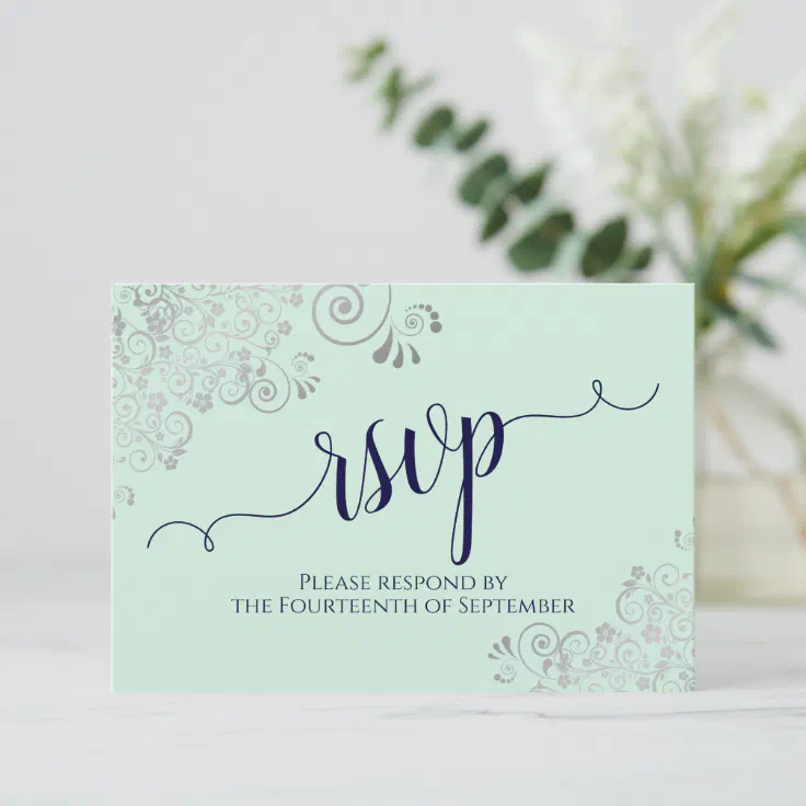 Mint Green & Navy Blue Elegant Calligraphy Wedding RSVP Card Zazzle