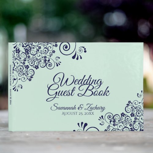 Mint Green  Navy Blue Lace Elegant Wedding Guest Book