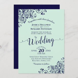 Mint Green & Navy Blue Lace Frils Wedding Invitation