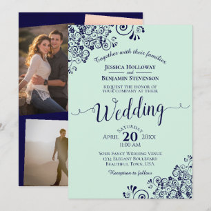 Mint Green & Navy Blue Lace Photo Collage Wedding Invitation