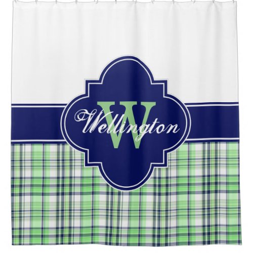 Mint Green Navy Blue Madras Plaid 1ICB Ribbon Name Shower Curtain