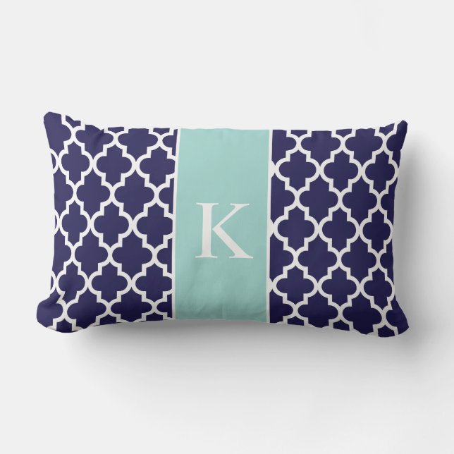 Mint Green Navy Blue Moroccan Custom Monogram Lumbar Pillow (Front)