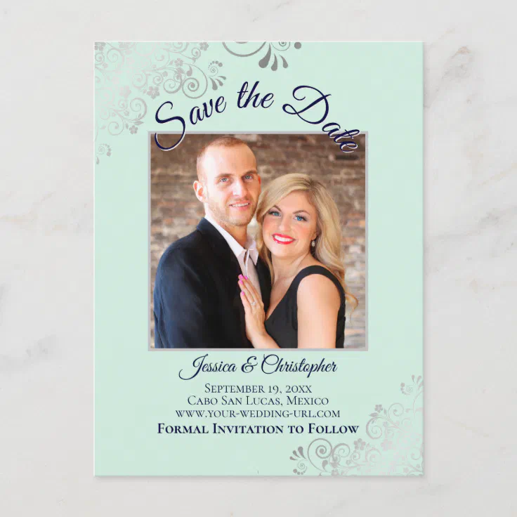 Mint Green & Navy Blue Wedding Save the Date Photo Announcement
