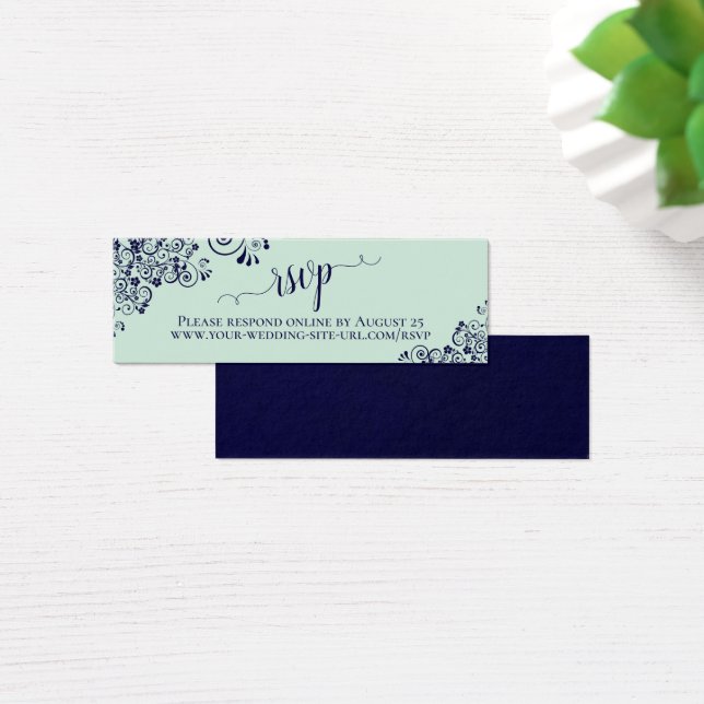 Mint Green & Navy Frilly Wedding RSVP Online Card (Desk)