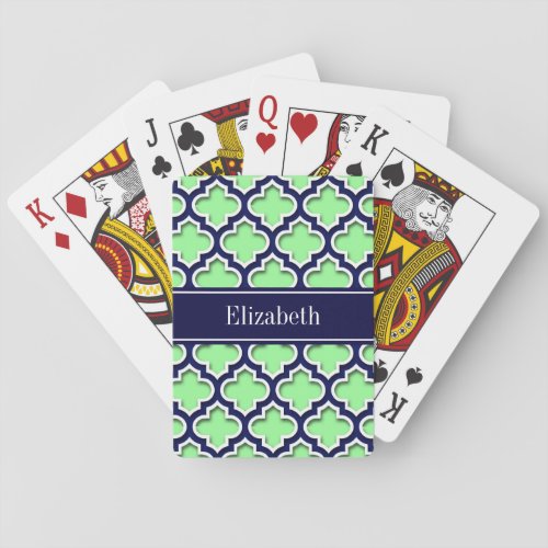 Mint Green Navy Moroccan 5DS Navy Name Monogram Poker Cards