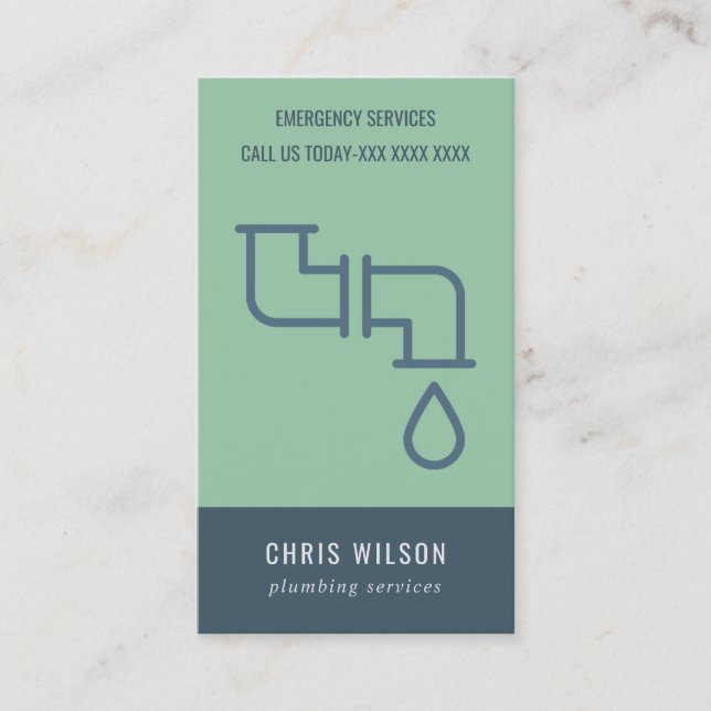 MINT GREEN NAVY PLUMBER SERVICE PIPES PLUMBING BUSINESS CARD (Front)