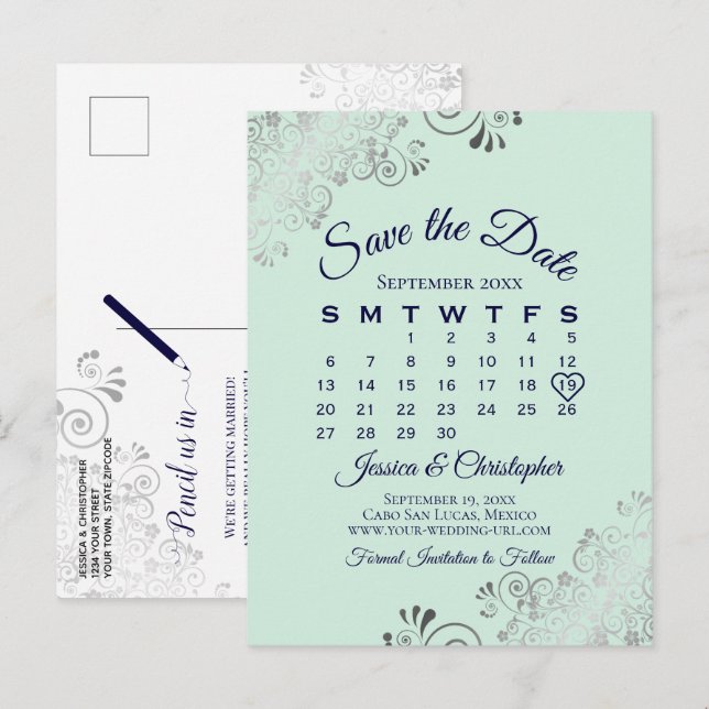 Mint Green & Navy Wedding Save the Date Calendar Announcement Postcard (Front/Back)
