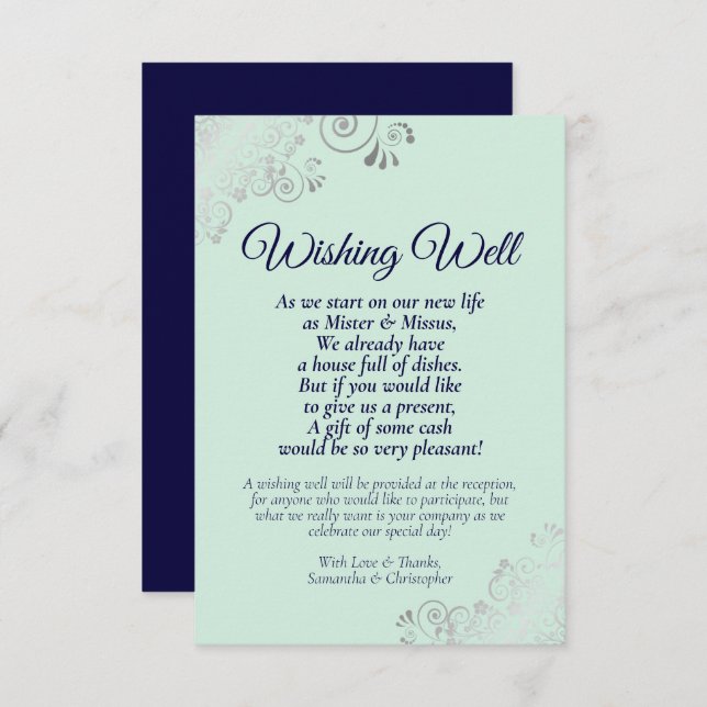 Mint Green & Navy Wedding Wishing Well Poem Enclosure Card (Front/Back)