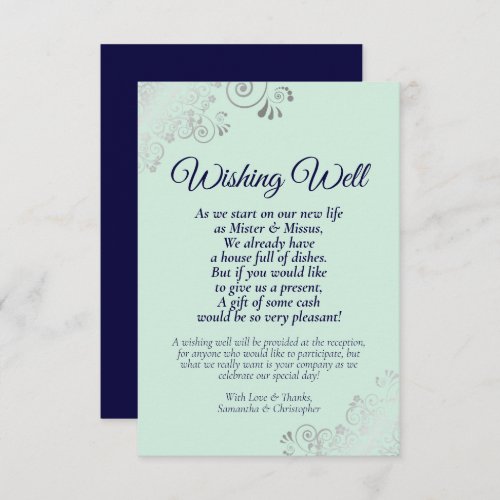 Mint Green  Navy Wedding Wishing Well Poem Enclosure Card